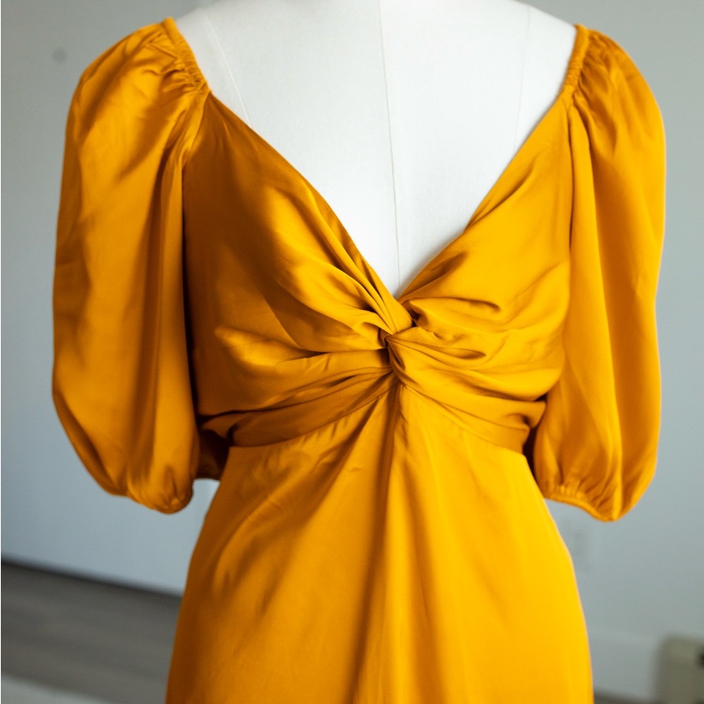 EXPRESS Satin V-Neck Puff Sleeve Twist Front Mini Fit and Flare Dress Golden - Picture 3 of 16